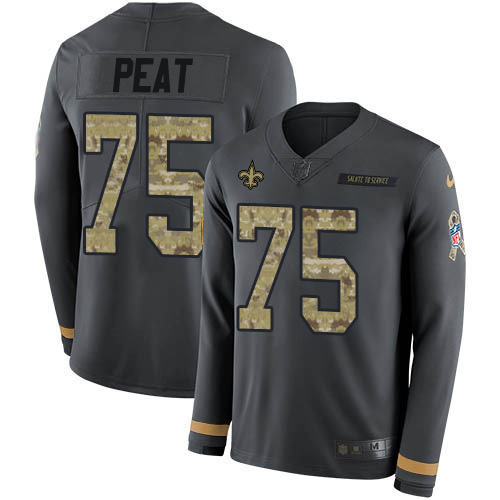 Nike Saints #75 Andrus Peat Anthracite Salute to Service Youth Stitched NFL Limited Therma Long Sleeve Jersey